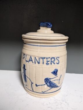 Vintage & Rare Planters Ceramic Cookie Jar - Blue and Cream, Perfect Gift